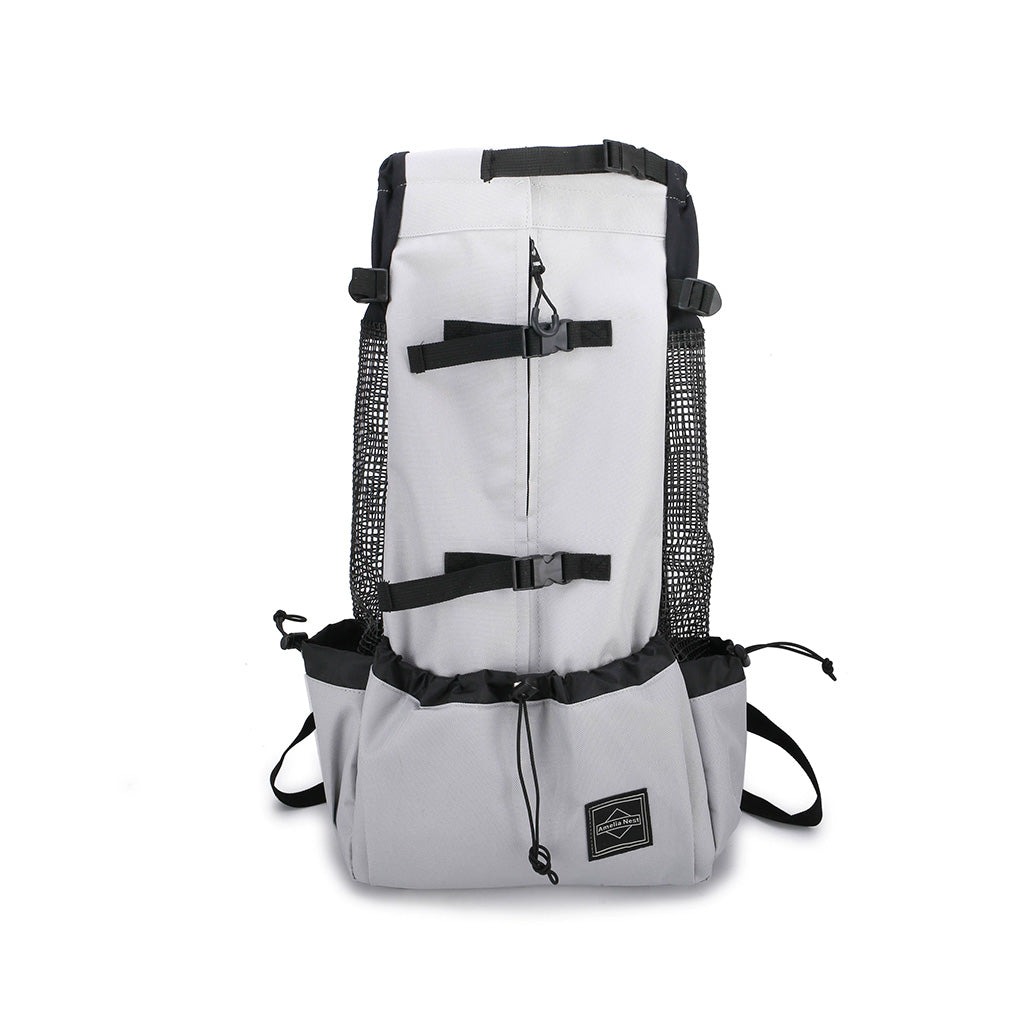 Urban Grey head-out dog carrier backpack with black mesh sides, straps, and drawstring pocket.