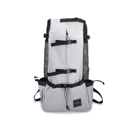 Urban Grey head-out dog carrier backpack with black mesh sides, straps, and drawstring pocket.