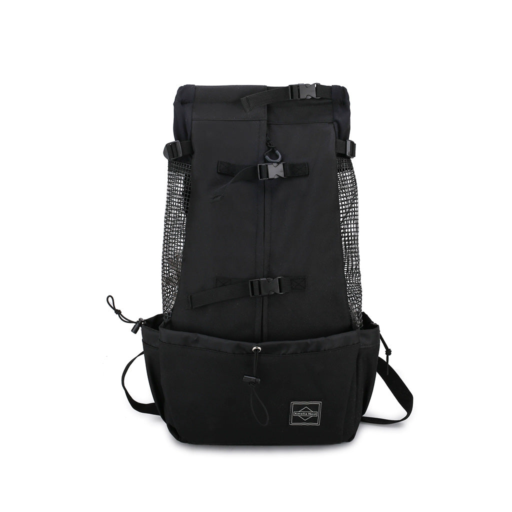Midnight Black head-out dog carrier backpack with mesh side panels, buckles, and front pocket.