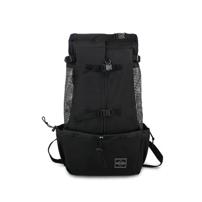 Midnight Black head-out dog carrier backpack with mesh side panels, buckles, and front pocket.