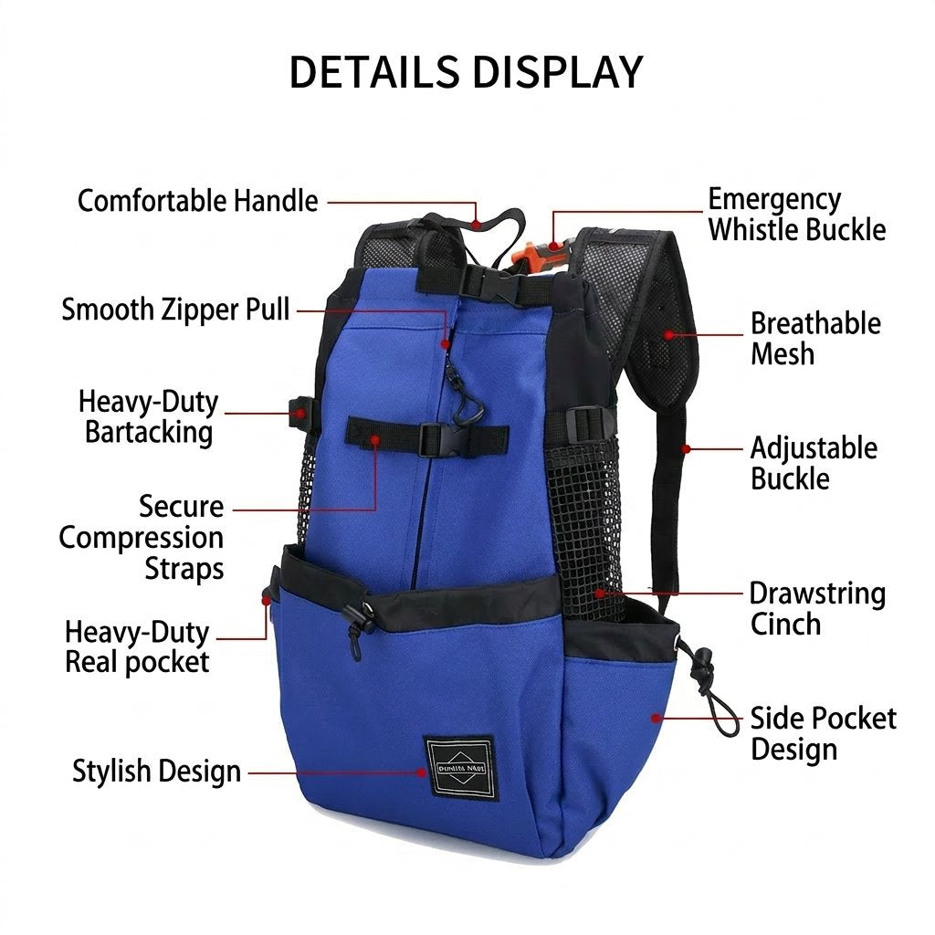 Detail diagram of Cobalt Blue carrier backpack showing handle, whistle buckle, mesh, straps, and side pocket.