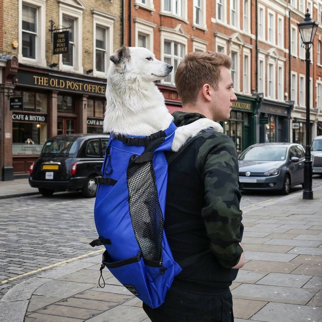 White dog riding in the Cobalt Blue head-out dog carrier backpack on a city street.