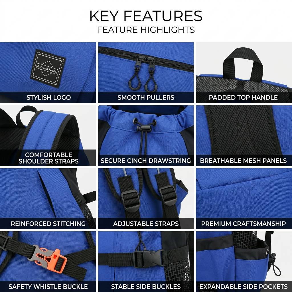 Feature collage showing zipper pulls, padded handle, cinch drawstring, mesh panels, buckles, and side pockets.