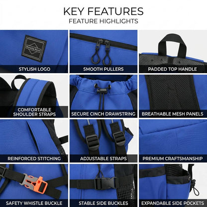 Feature collage showing zipper pulls, padded handle, cinch drawstring, mesh panels, buckles, and side pockets.