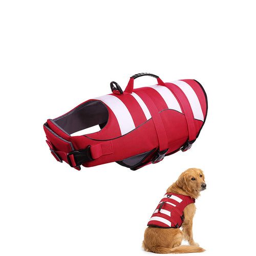 Red and white high visibility dog life jacket with rescue handle, shown on a white background with a golden retriever.
