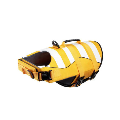 High visibility yellow and white dog life jacket on a white background with rescue handle and black buckles.
