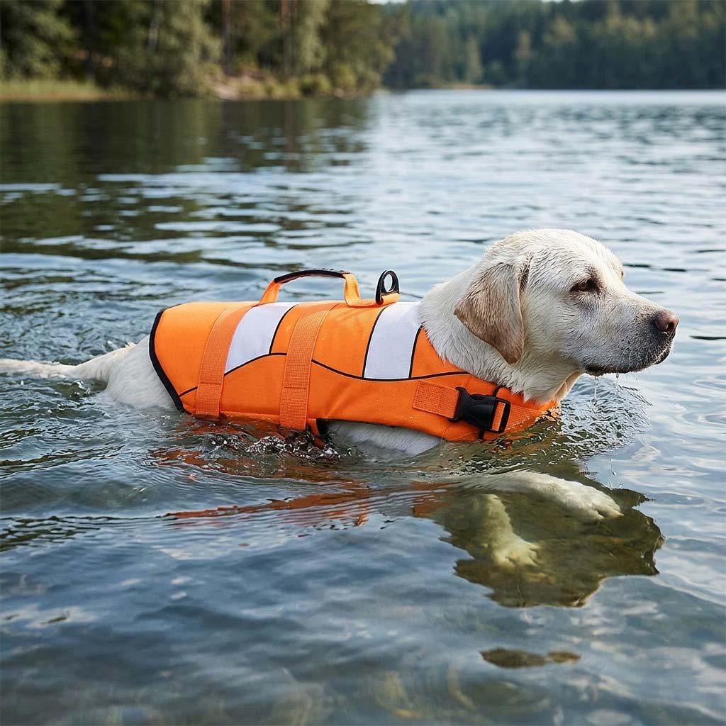 Yellow Labrador swimming in a lake wearing a high visibility dog life jacket with rescue handle and white reflective panels.