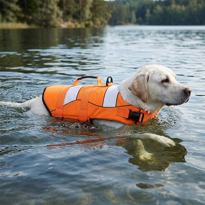 Yellow Labrador swimming in a lake wearing a high visibility dog life jacket with rescue handle and white reflective panels.