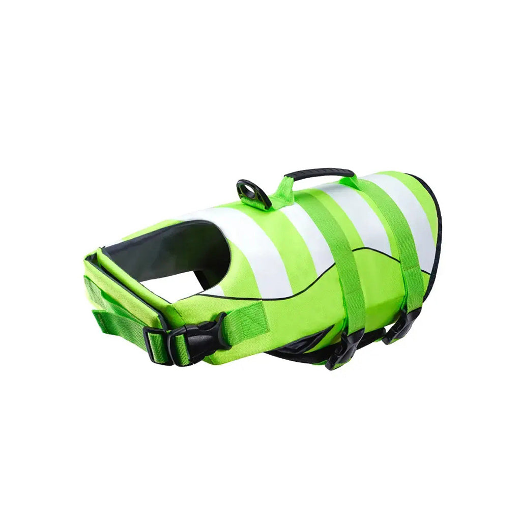 High visibility dog life jacket in neon green and white with black straps and rescue handle on a white background.