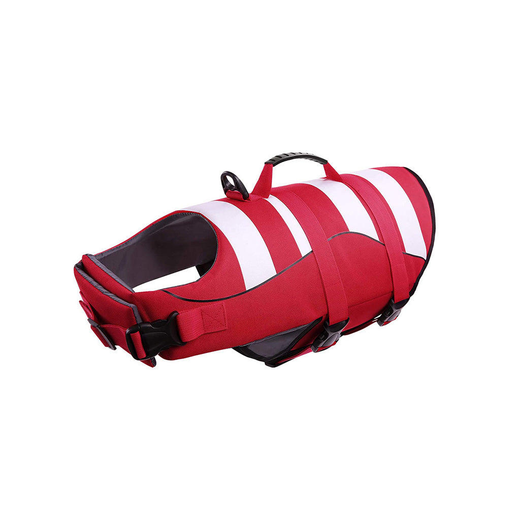Red and white high visibility dog life jacket with rescue handle, isolated on a white background.