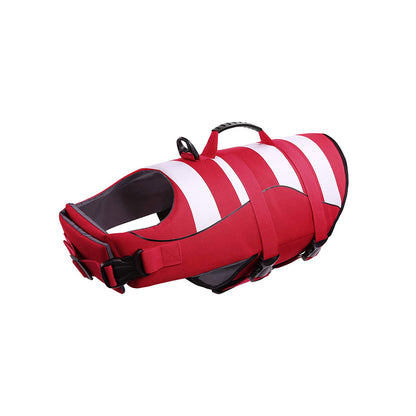 Red and white high visibility dog life jacket with rescue handle, isolated on a white background.
