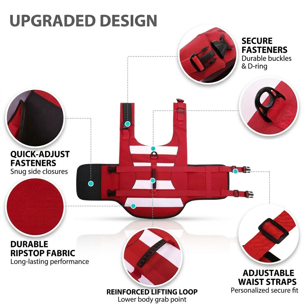 Red high visibility dog life jacket on white background with rescue handle, adjustable straps, and secure buckles.