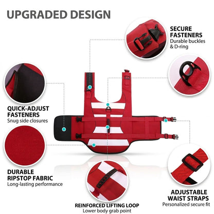 Red high visibility dog life jacket on white background with rescue handle, adjustable straps, and secure buckles.