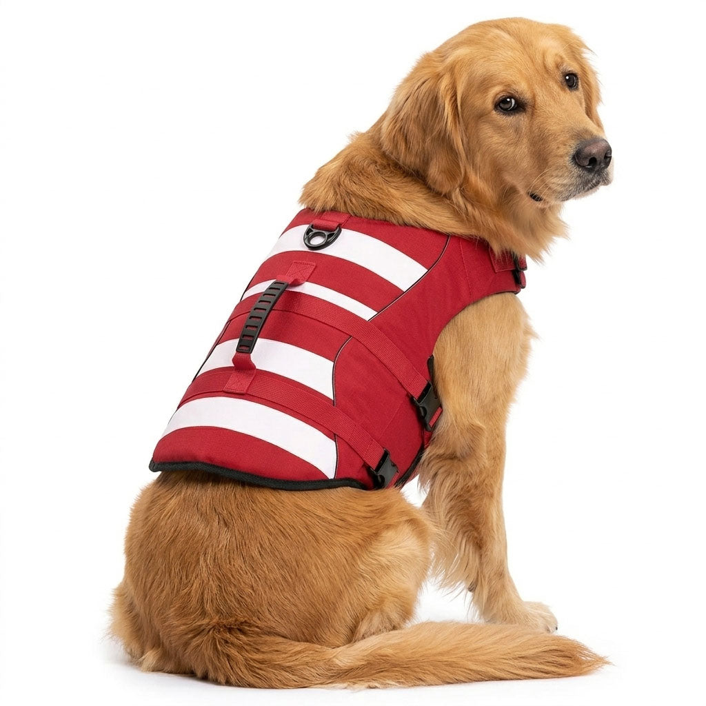 Golden retriever wearing a red and white dog life jacket with rescue handle on a white background.