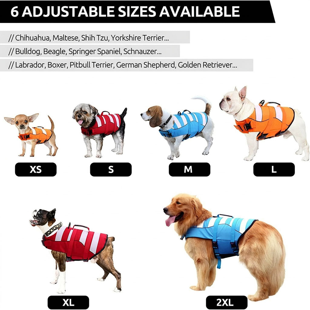 Studio shot on white background shows high visibility dog life jackets with rescue handles in orange, red and blue, XS-2XL.