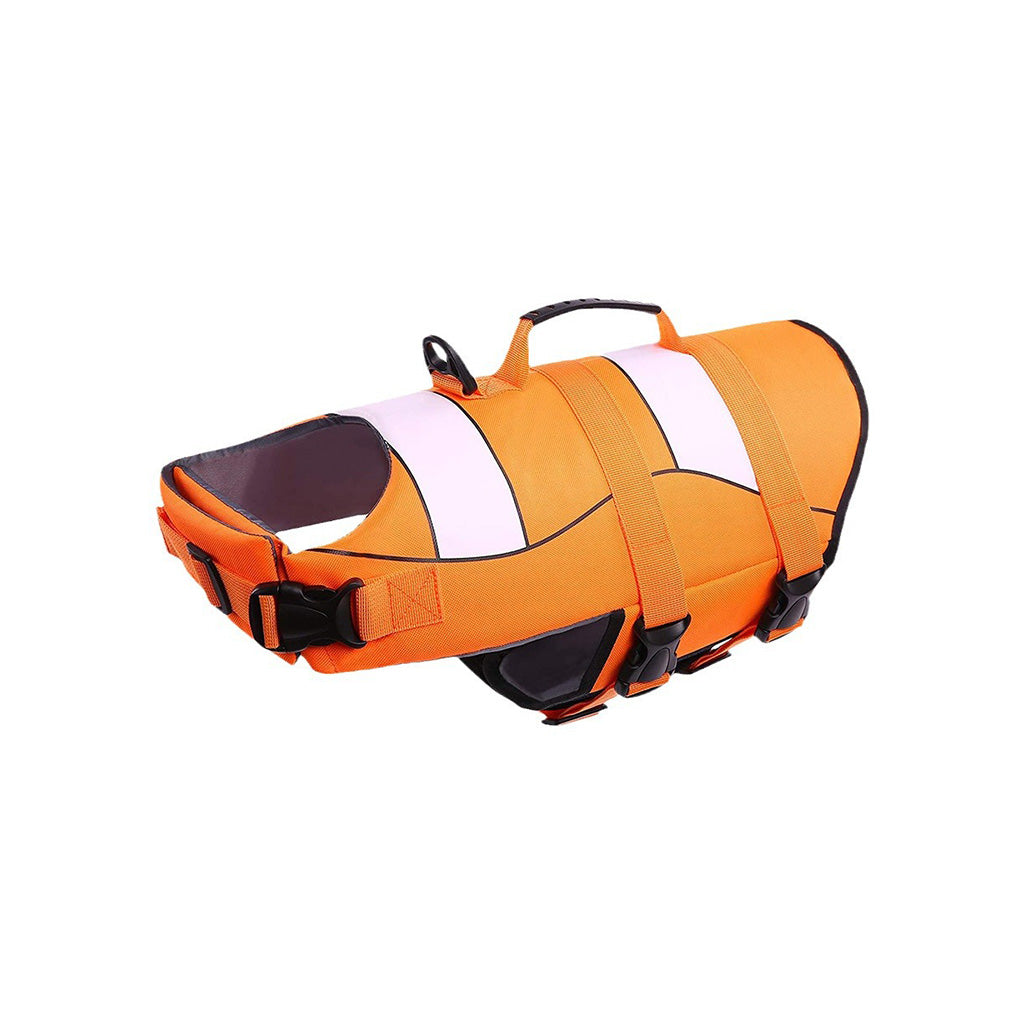 Orange high visibility dog life jacket with rescue handle, black buckles, and reflective white panels on a white background.