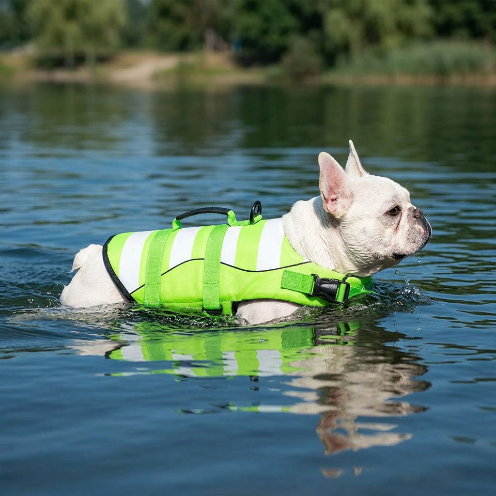 White French bulldog in a bright green high visibility dog life jacket with rescue handle, swimming in a lake.