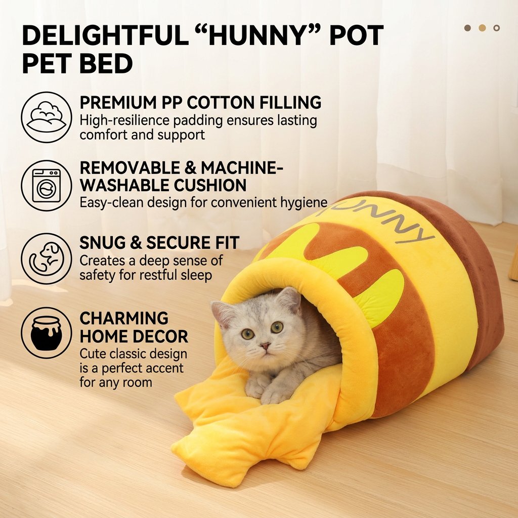 A cute silver tabby kitten resting comfortably inside an aesthetic yellow and brown honey pot shaped cat cave bed with a plush removable cushion.