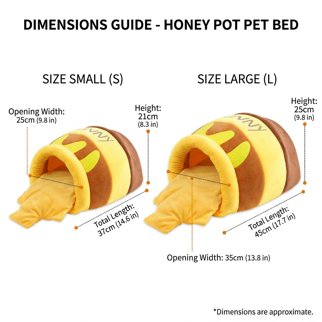 White-background dimensions guide for Honey Pot Cat Cave Bed, showing small and large yellow-brown cave beds with measurements.