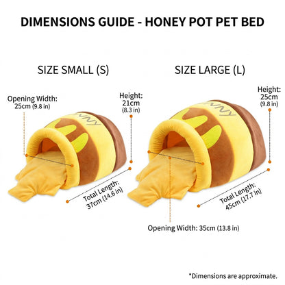 White-background dimensions guide for Honey Pot Cat Cave Bed, showing small and large yellow-brown cave beds with measurements.