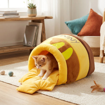 Ginger kitten stepping out of a honey pot cat cave bed on a cream rug in a cozy living room.