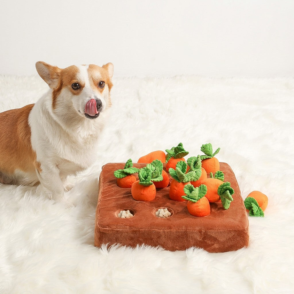 A cute Corgi licking its lips next to an interactive plush carrot patch dog snuffle mat puzzle toy featuring 12 squeaky carrots and hidden treat compartments.