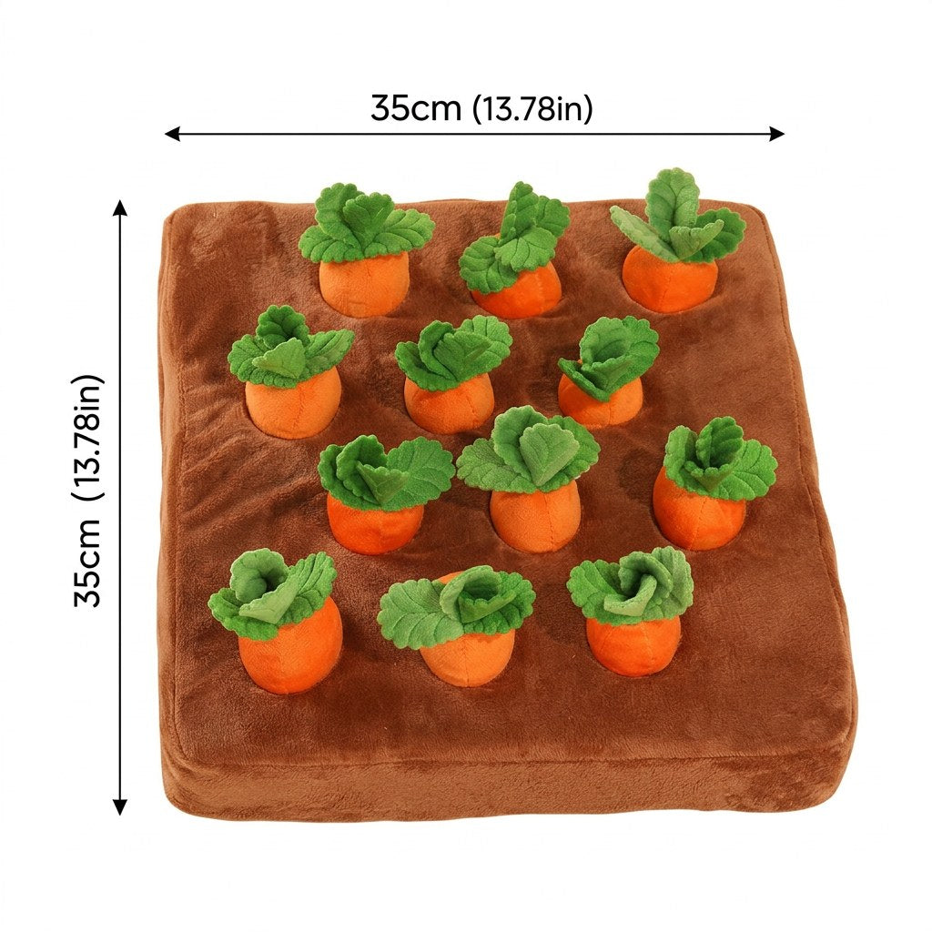 White-background studio shot of a brown carrot patch dog puzzle toy with orange plush carrots and green leaves, 35cm square.