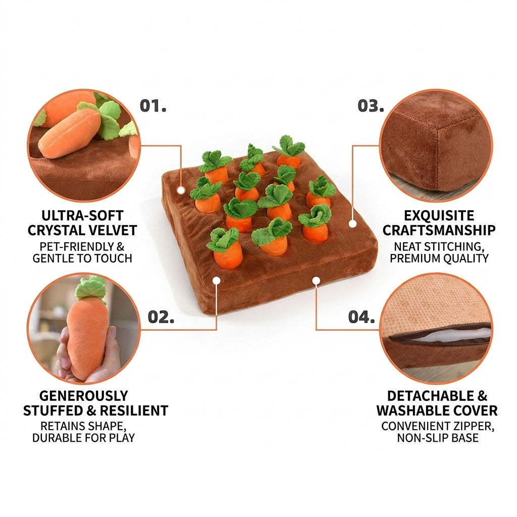 White-background infographic of a brown Interactive Carrot Patch Dog Puzzle Toy with orange plush carrots and close-up detail callouts.