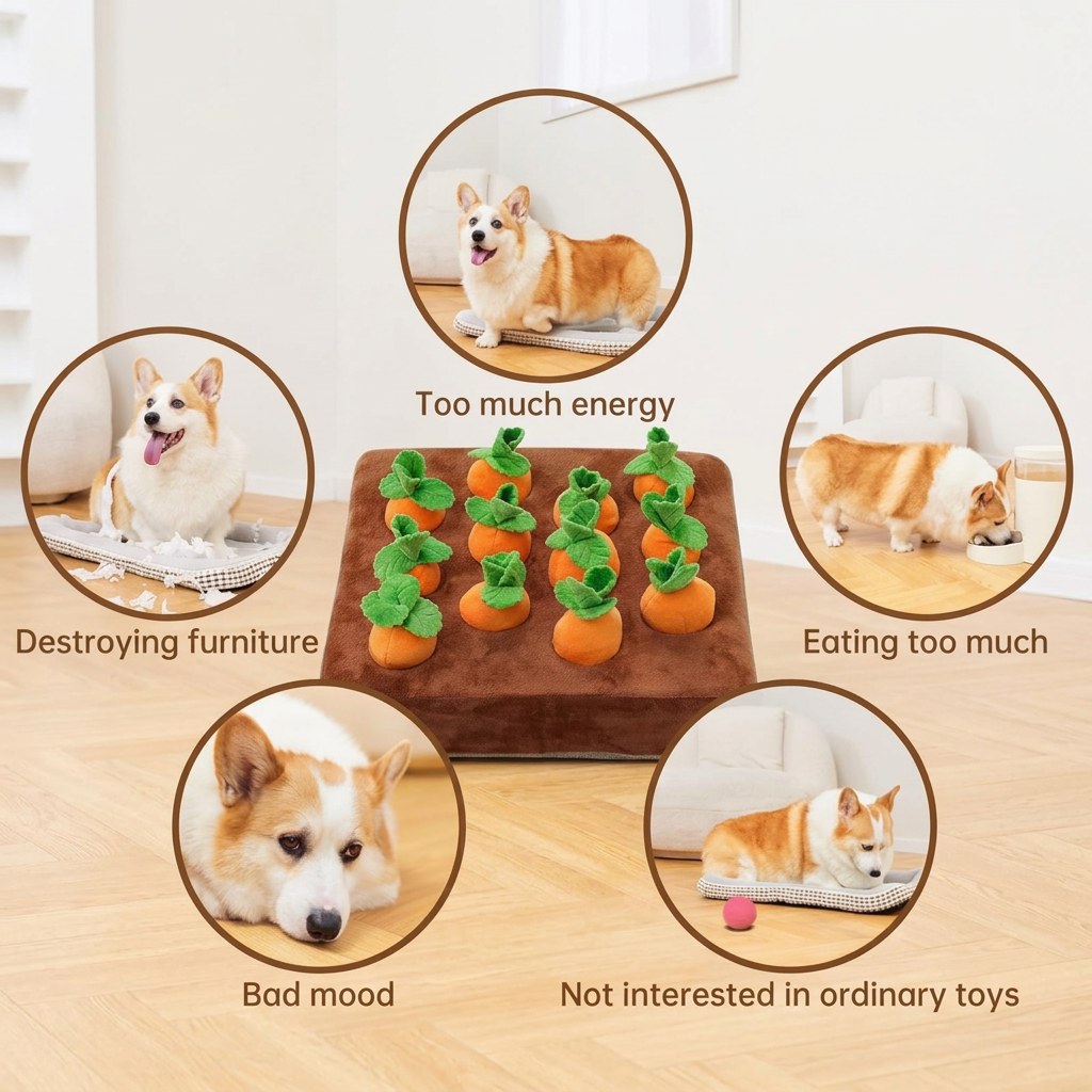 Corgi beside an interactive carrot patch dog puzzle toy in a bright room, with plush carrots on a brown mat.