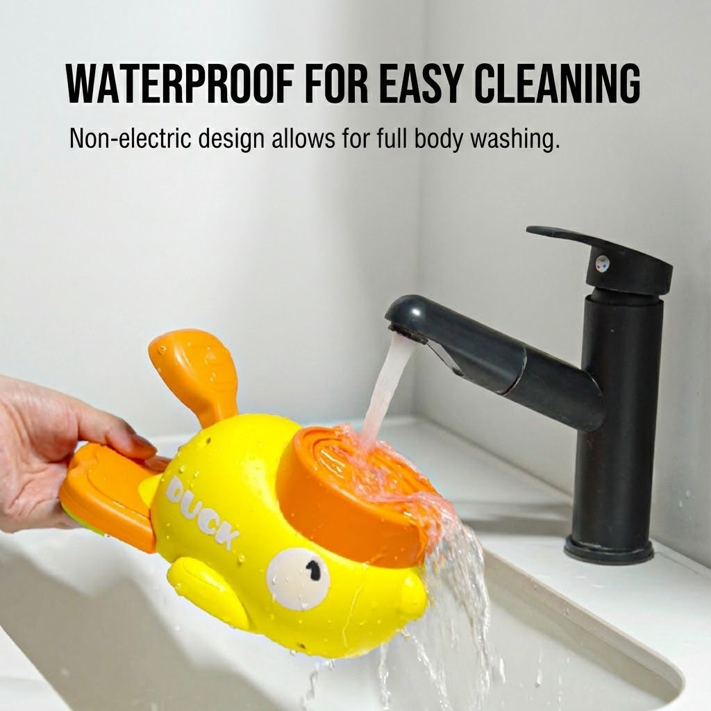 Yellow and orange duck puzzle toy is rinsed under a black faucet in a white sink, held by a hand for easy cleaning.