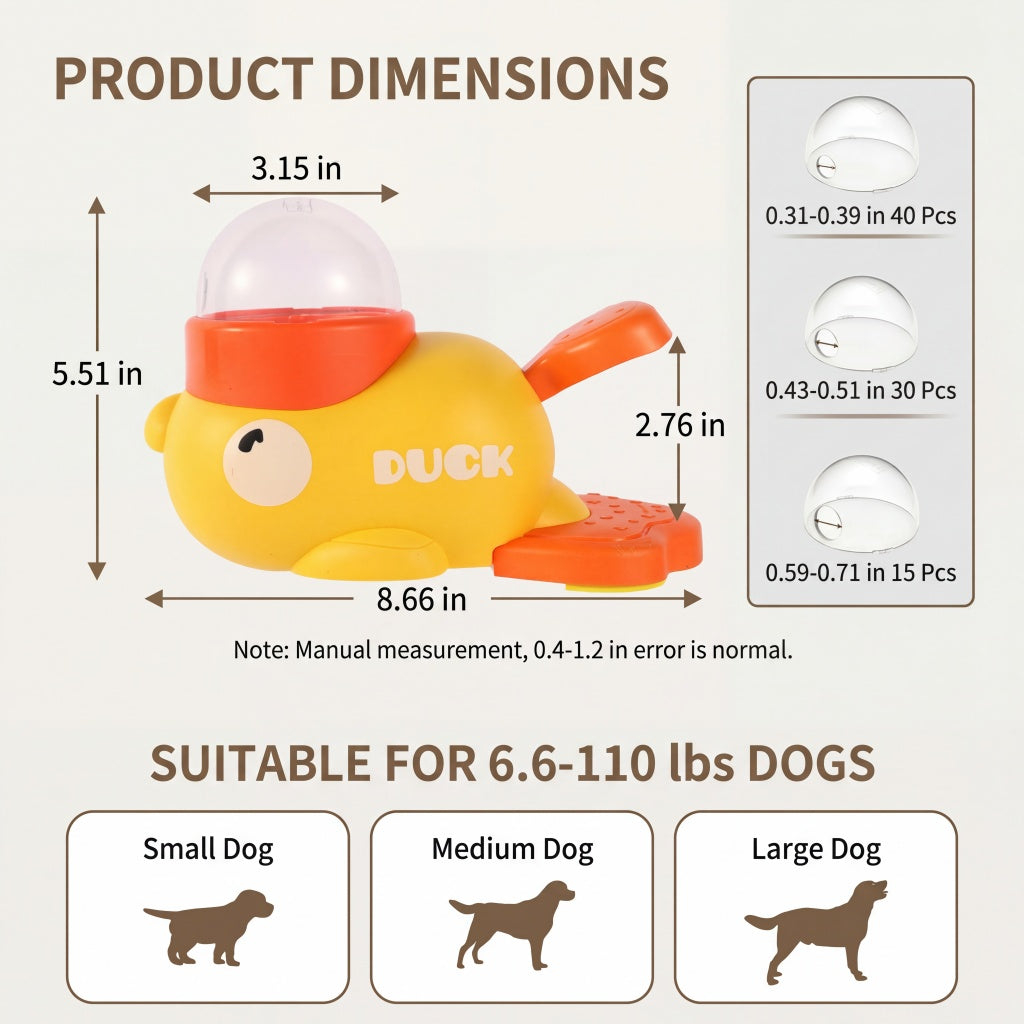 Studio infographic on white background shows a yellow Interactive Duck Puzzle Toy & Treat Dispenser with size labels for dogs.