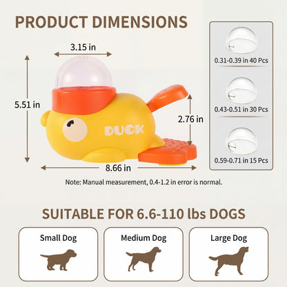 Studio infographic on white background shows a yellow Interactive Duck Puzzle Toy & Treat Dispenser with size labels for dogs.