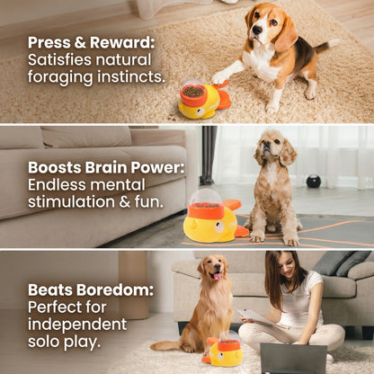 Three lifestyle scenes show a beagle, spaniel and golden retriever with a yellow duck puzzle toy and treat dispenser.