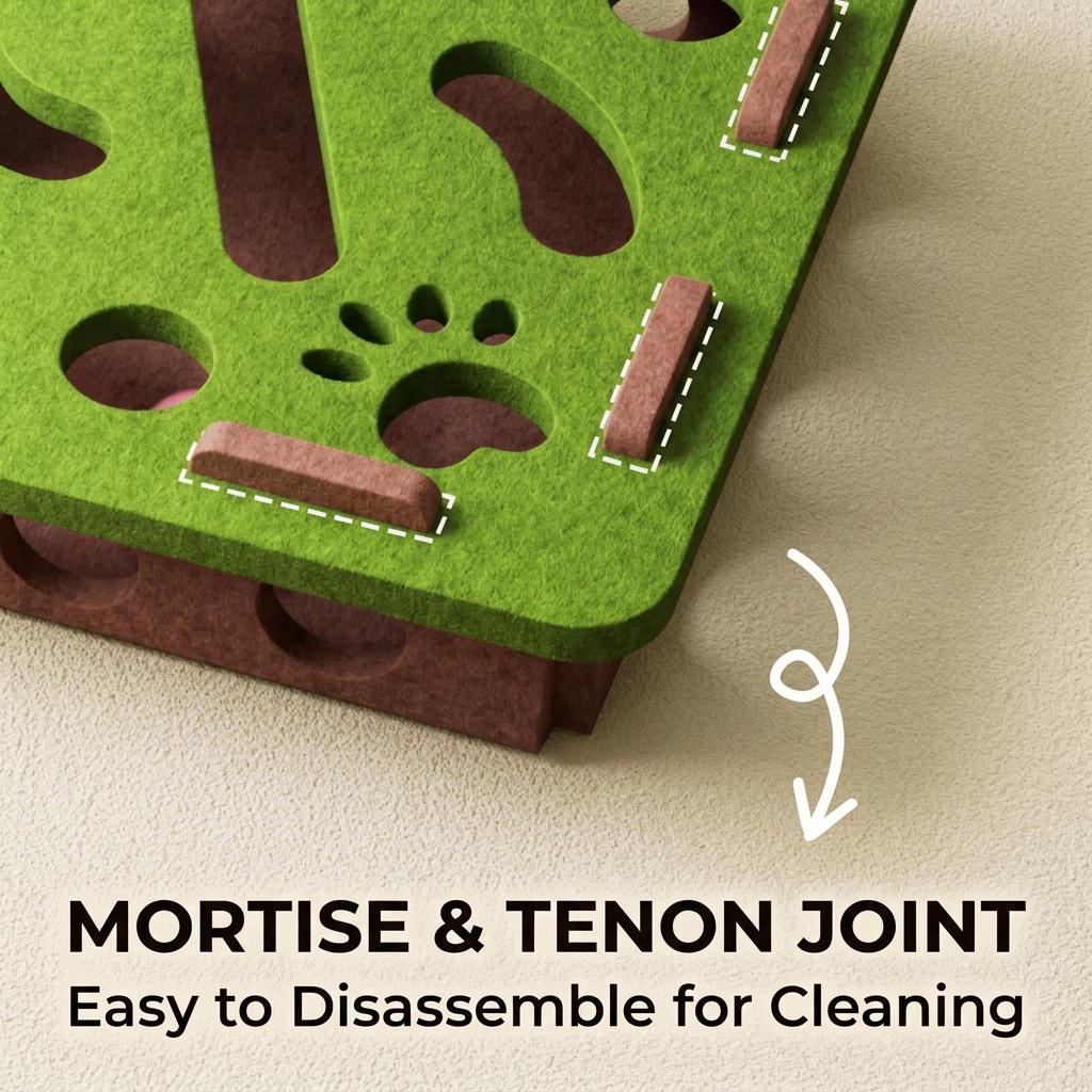 Green felt cat puzzle box with paw-shaped cutouts and brown joint tabs on a beige surface, shown as easy to disassemble.