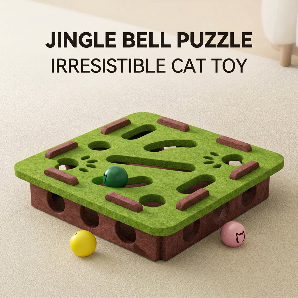 Green felt interactive cat puzzle box with jingle balls on a beige studio background, with yellow, green and pink balls.