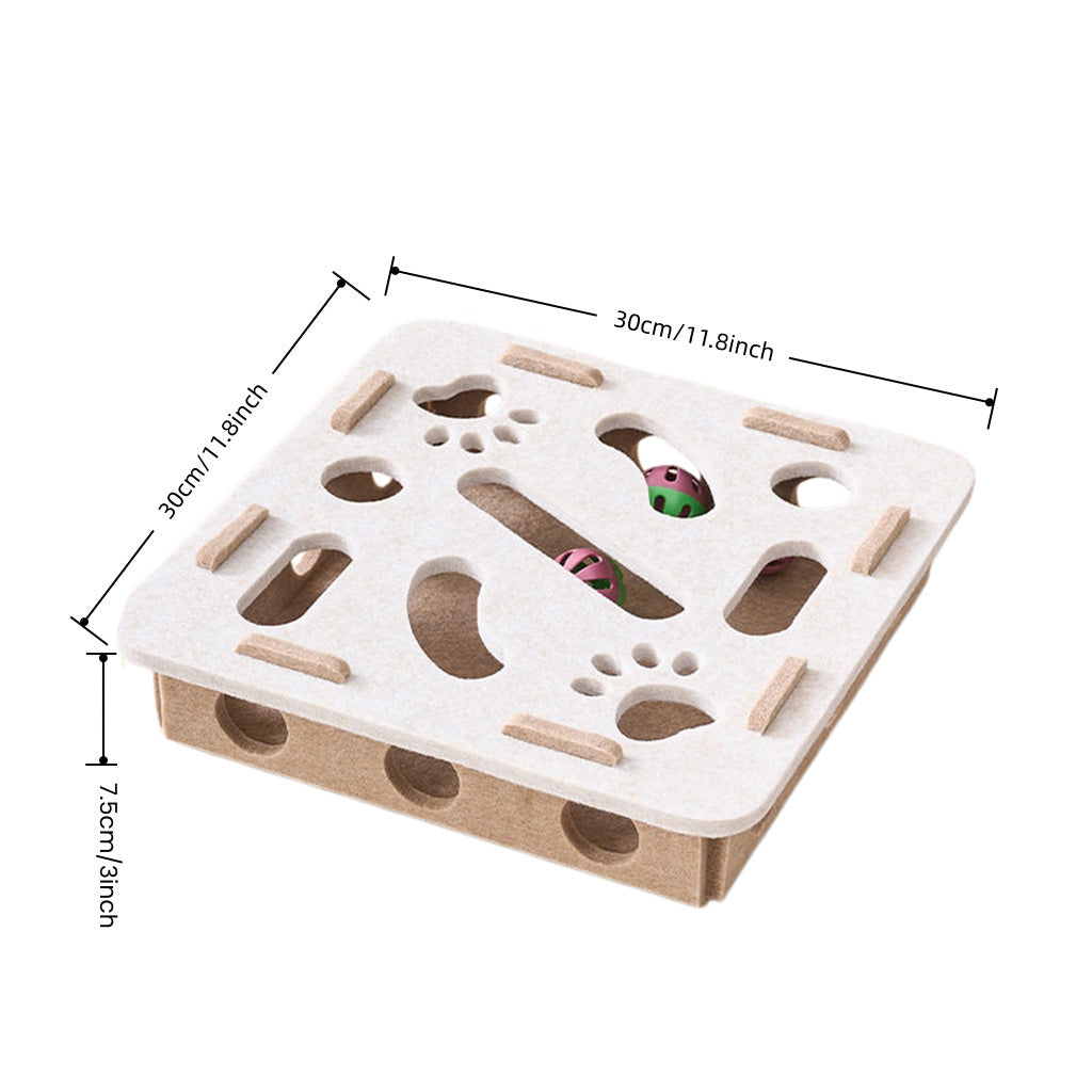 White-background studio shot of an interactive felt cat puzzle box with jingle balls, 30 cm square and 7.5 cm tall.