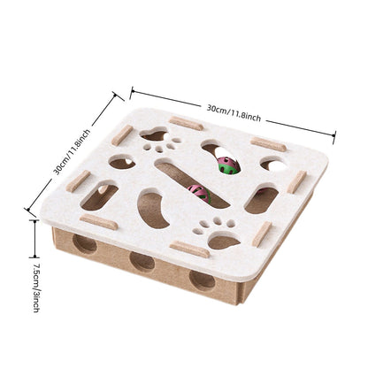 White-background studio shot of an interactive felt cat puzzle box with jingle balls, 30 cm square and 7.5 cm tall.