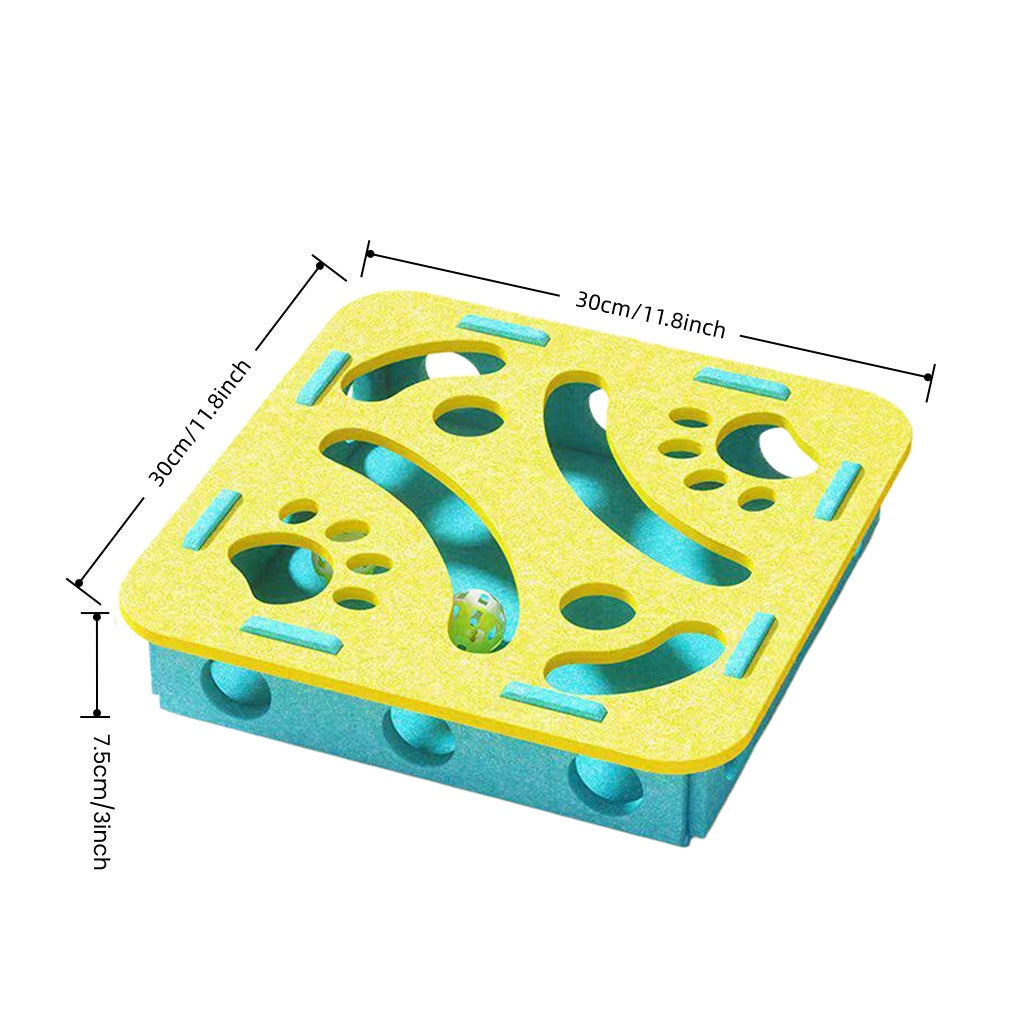 Studio shot on white background of a yellow and blue felt cat puzzle box with a jingle ball and cutout play holes.