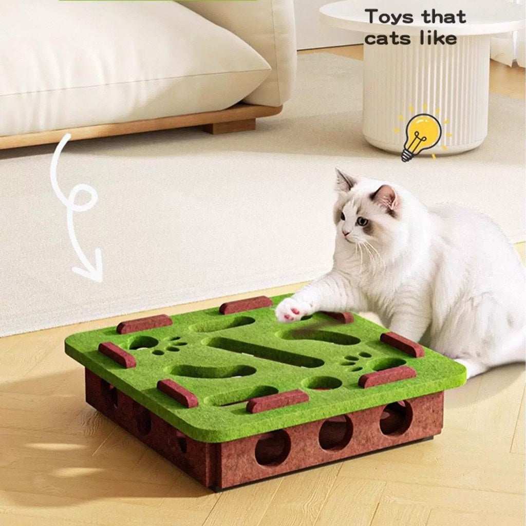 White fluffy cat paws at a green felt cat puzzle box with brown sides on a light wood floor beside a cream sofa.