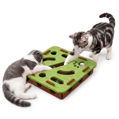 Two curious fluffy cats playing with a green interactive felt puzzle box, reaching its paw inside a circular hole to catch a toy.