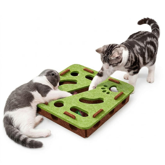 Two curious fluffy cats playing with a green interactive felt puzzle box, reaching its paw inside a circular hole to catch a toy.