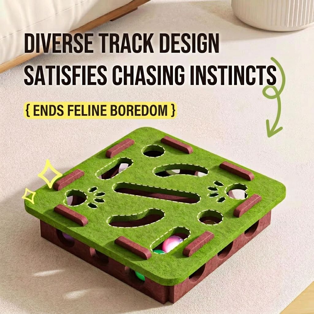 Green interactive felt cat puzzle box with jingle balls on a beige carpet, showing cutout tracks.