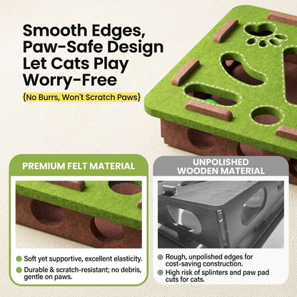 Green felt cat puzzle box with cutout holes and jingle balls on a light background, shown with wooden side panels.
