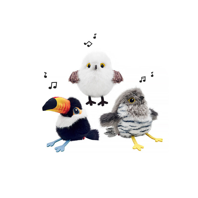 A trio of smart, interactive plush bird cat toys (snowy owl, toucan, gray speckled finch) with music note graphics indicating they are motion-activated and flap their wings, perfect for indoor cat enrichment.