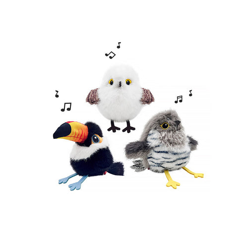 A trio of smart, interactive plush bird cat toys (snowy owl, toucan, gray speckled finch) with music note graphics indicating they are motion-activated and flap their wings, perfect for indoor cat enrichment.
