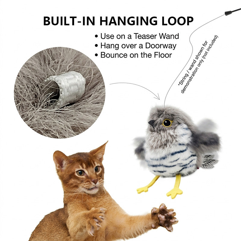 A close-up shot of an Abyssinian cat pawing at a realistic gray speckled bird cat toy, and an inset circle showing the built-in hanging loop for wand attachment or doorway hanging.