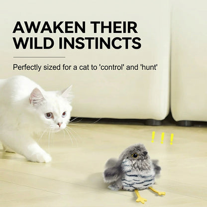 A pure white, fluffy Turkish Angora cat with different colored eyes staring intently at a gray speckled bird cat toy, with text highlighting "Awaken their wild instincts".