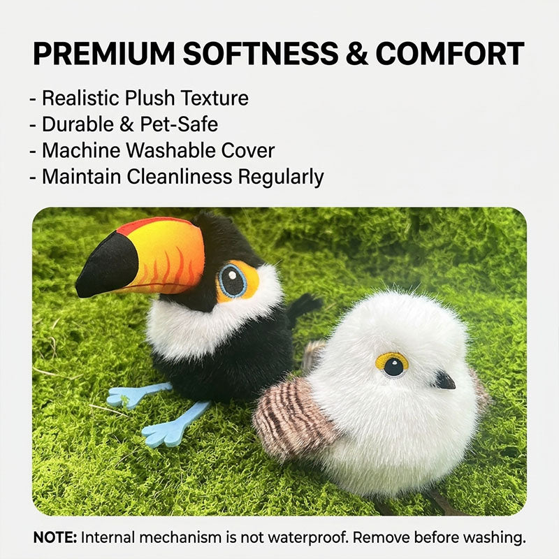 A detailed close-up of a colorful plush toucan and a snowy owl cat toy resting on a bed of green moss, emphasizing the realistic, premium soft texture.