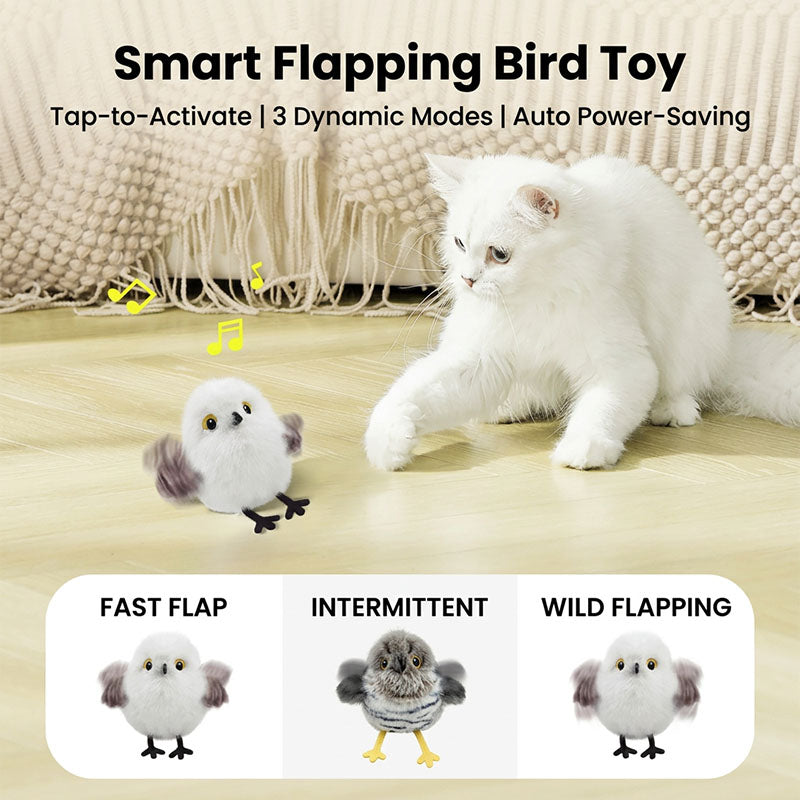 A white cat interacting with a snowy owl cat toy, with dynamic motion lines and icons below displaying the three flapping modes: Fast Flap, Intermittent, and Wild Flapping.