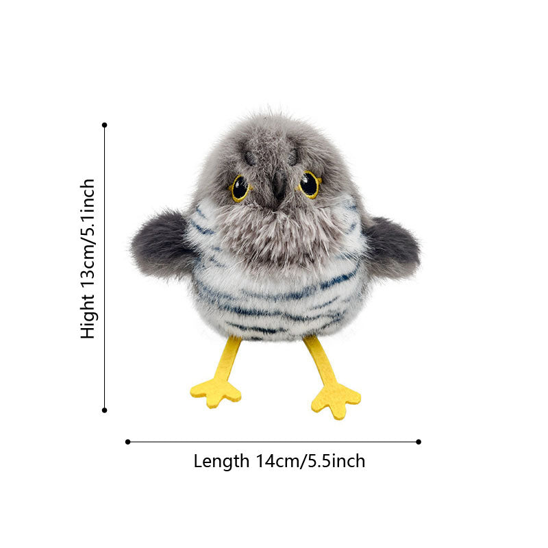 A front-facing view of the gray speckled finch bird cat toy with overlaid lines and text showing dimensions: Height 13cm / 5.1 inch and Length 14cm / 5.5 inch.